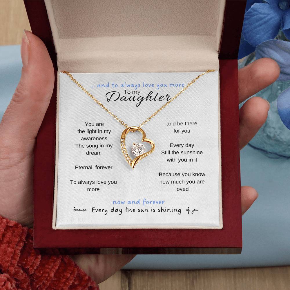 To my daughter with message card and forever love necklace, 18k yellow gold finish, hand holding it in luxury box - Sheer: your Luck - Sheerluck-art.com