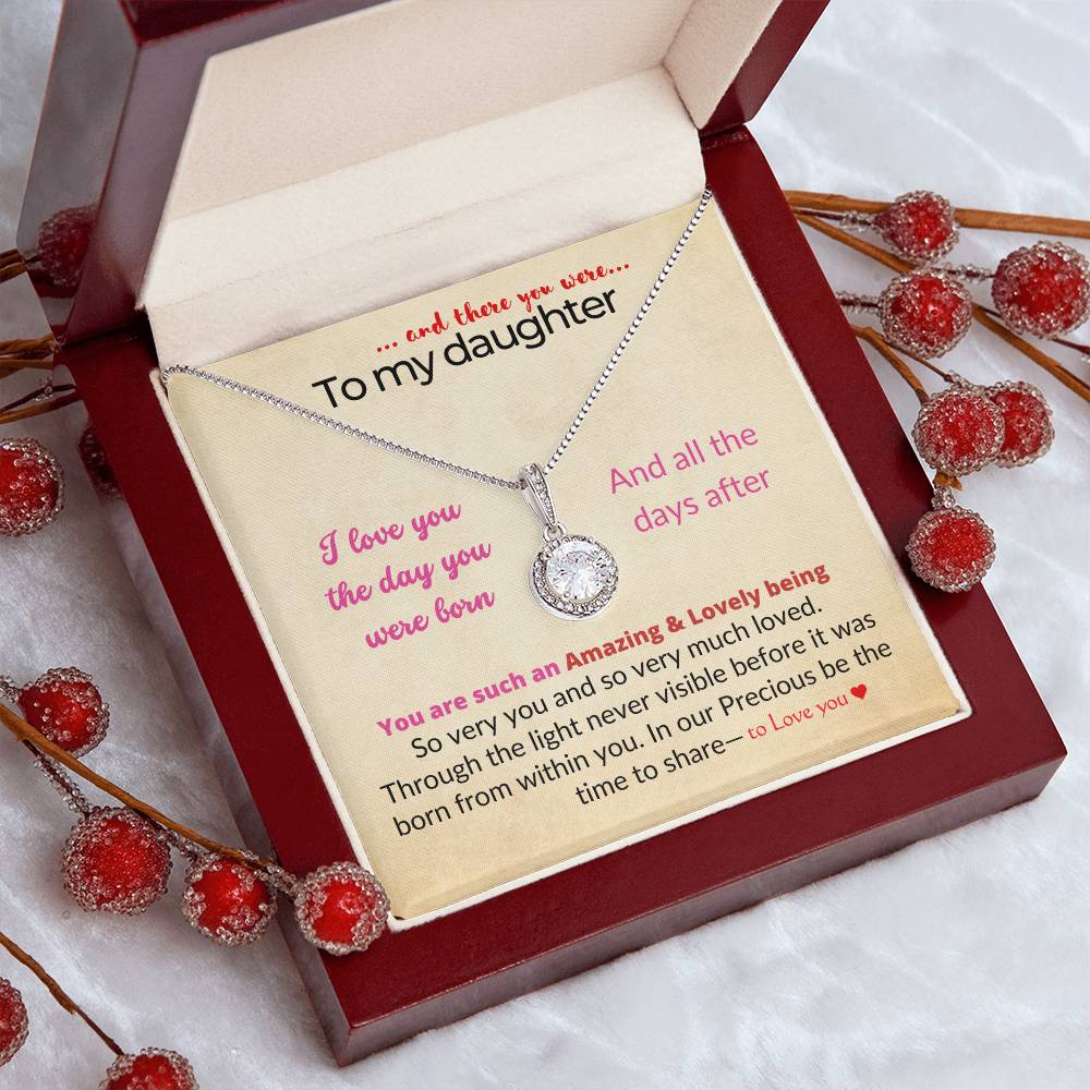 To my daughter with message card and eternal hope necklace, in a Mahogany style luxury box, organic background - Sheer: your Luck - Sheerluck-art.com