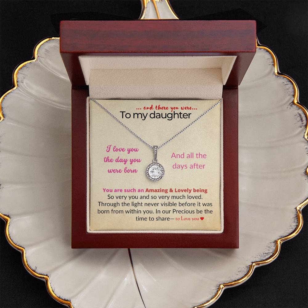 To my daughter with message card and eternal hope necklace, in Mahogany style luxury box, on a glass shell - Sheer: your Luck - Sheerluck-art.com