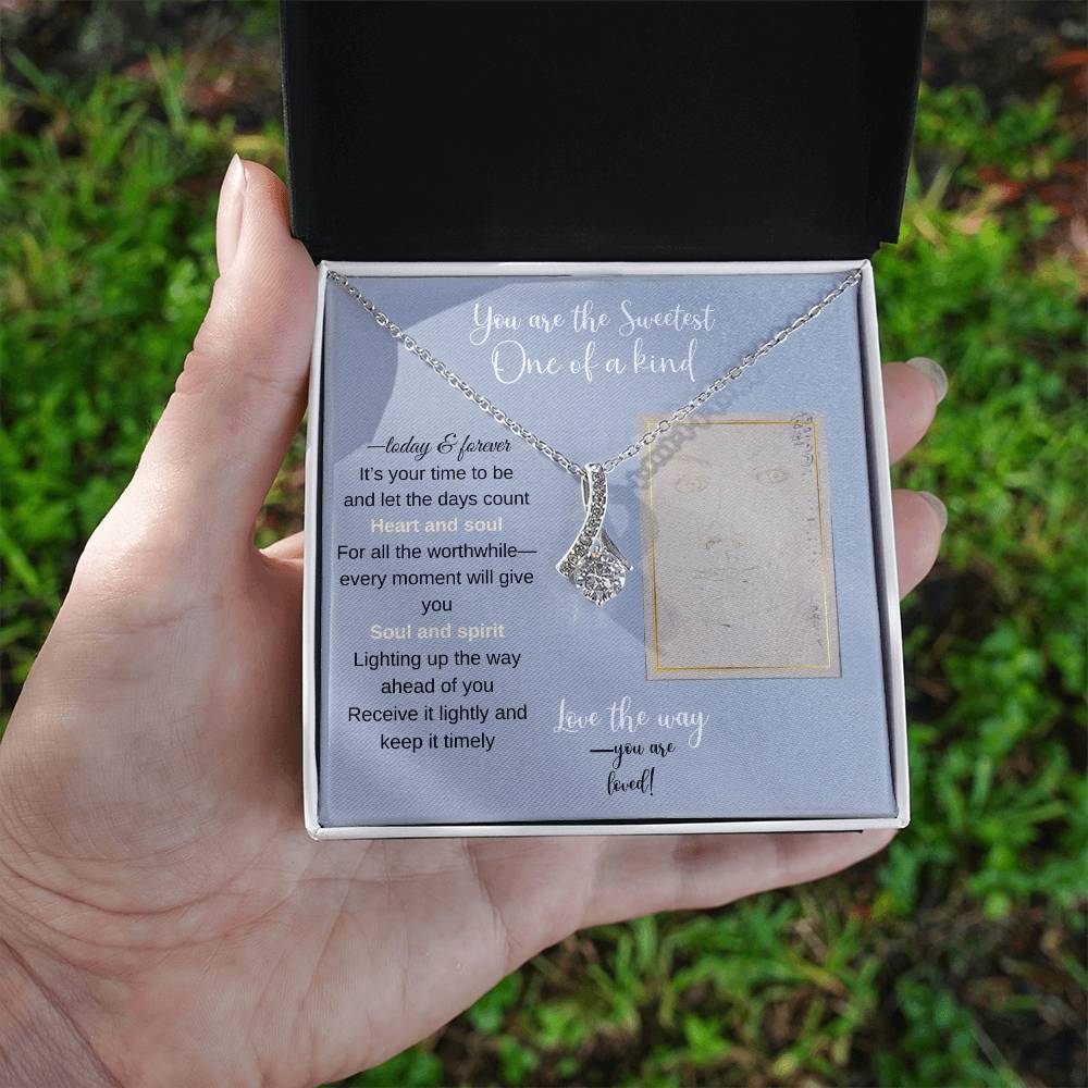 To my daughter message card with alluring beauty necklace (white gold finish), hand holding outdoors - Sheer: your Luck - Sheerluck-art.com