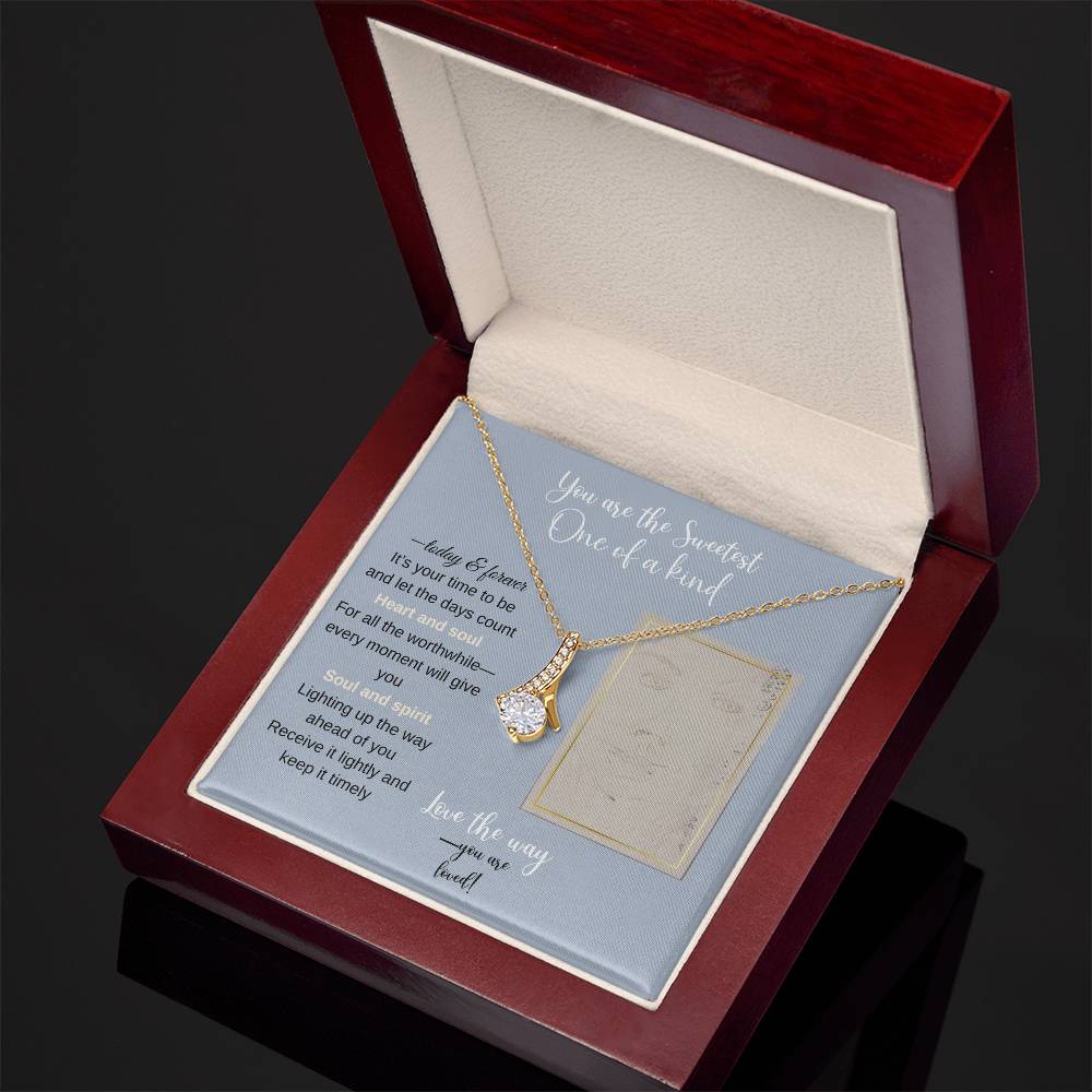 To my daughter message card with alluring beauty necklace (18k yellow gold finish), in Mahogany style luxury box, black background - Sheer: your Luck - Sheerluck-art.com