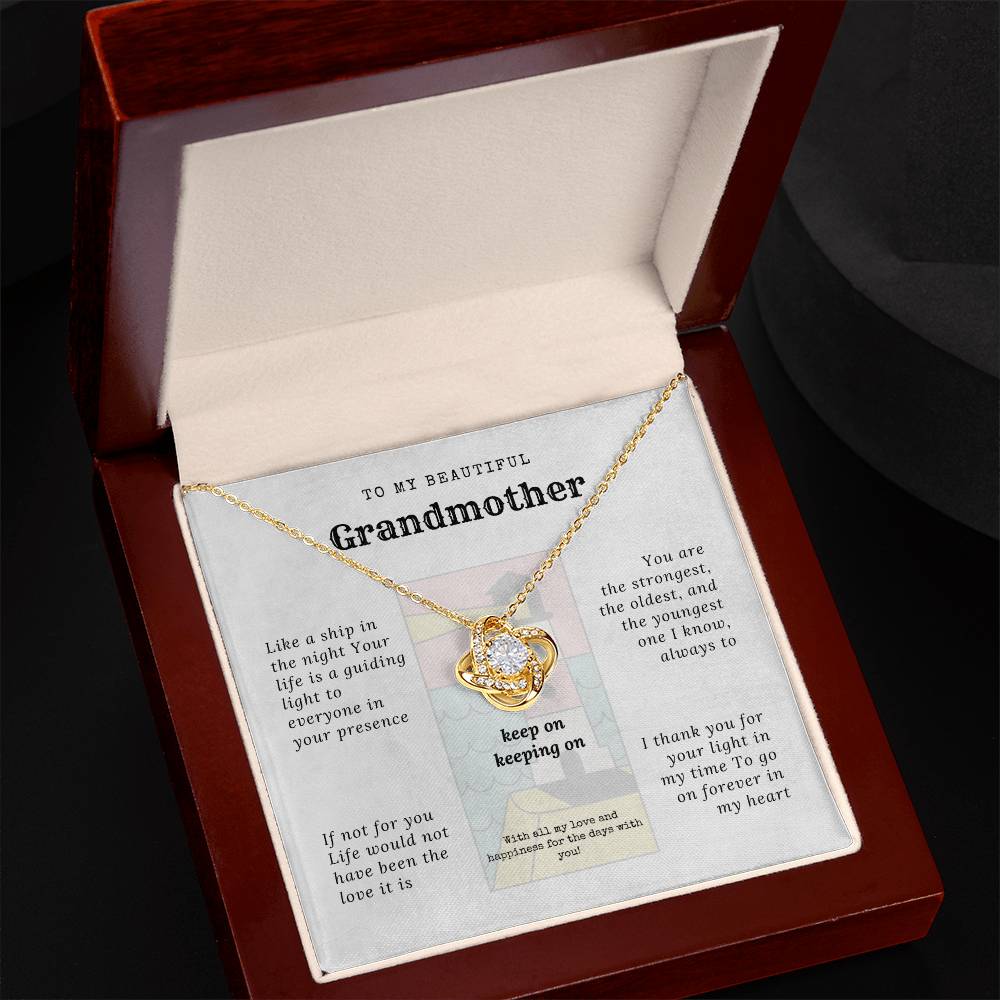 To my grandmother with message card and Love knot necklace (yellow gold finish), in Mahogany style luxury box with black background - Sheer: your Luck - Sheerluck-art.com