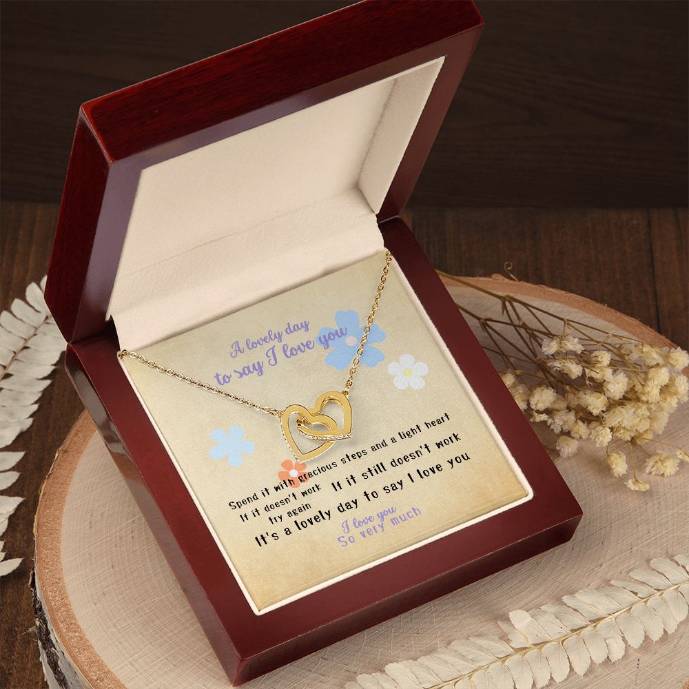 I love you message card with Interlocking Hearts (18K yellow gold finish), in Mahogany style luxury box, on wood - Sheer: your Luck - Sheerluck-art.com