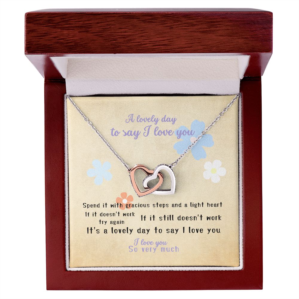 I love you message card with Interlocking Hearts (polished stainless steal and rose gold finish), in Mahogany style luxury box - Sheer: your Luck - Sheerluck-art.com