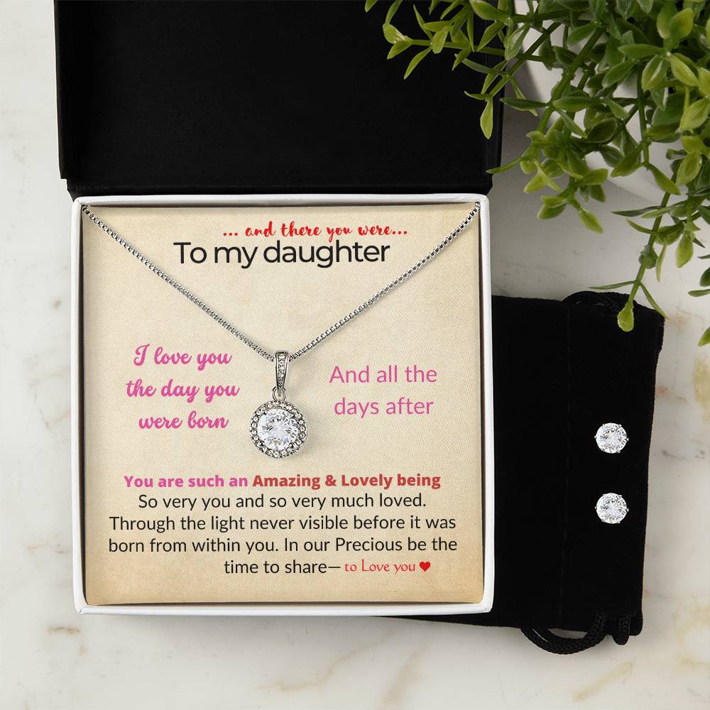 To my daughter with message card and eternal hope necklace and earring set, on a Table - Sheer: your Luck - Sheerluck-art.com