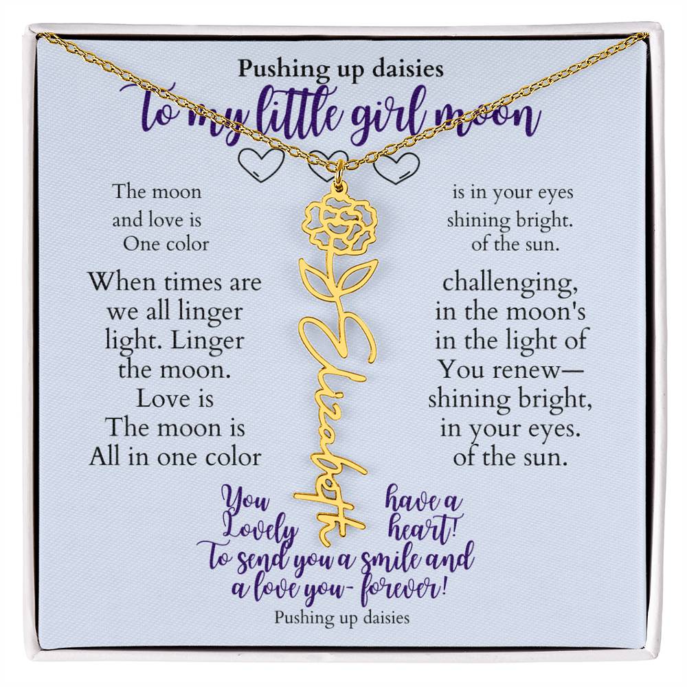 To my daughter with message card and flower name necklace, 18k yellow gold finish (january) - Sheer: your Luck - Sheerluck-art.com
