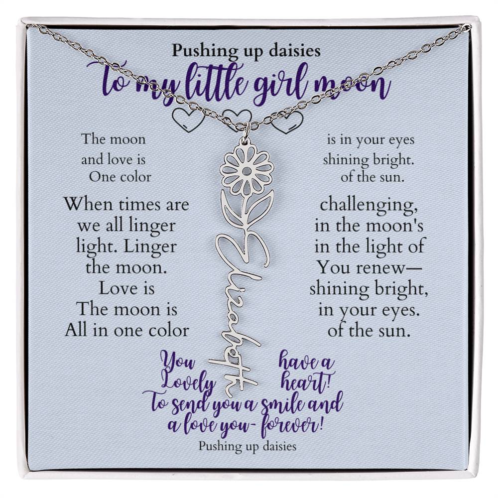 To my daughter with message card and flower name necklace, polished stainless steal (august) - Sheer: your Luck - Sheerluck-art.com