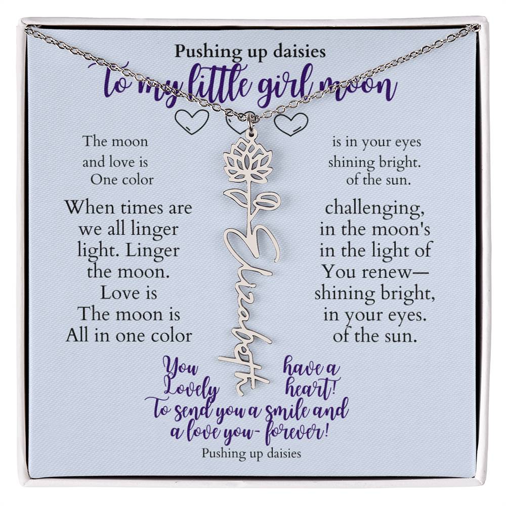 To my daughter with message card and flower name necklace, polished stainless steal (february) - Sheer: your Luck - Sheerluck-art.com