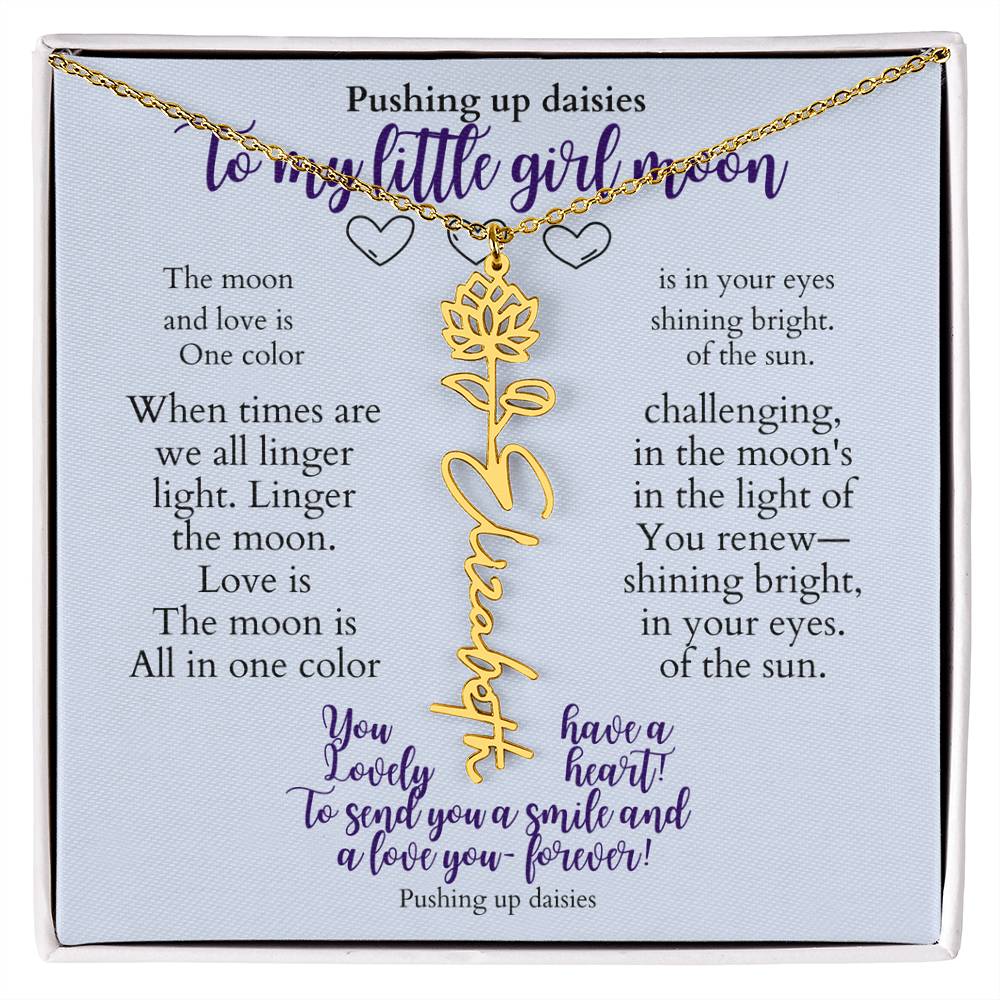 To my daughter with message card and flower name necklace, 18k yellow gold finish (february) - Sheer: your Luck - Sheerluck-art.com
