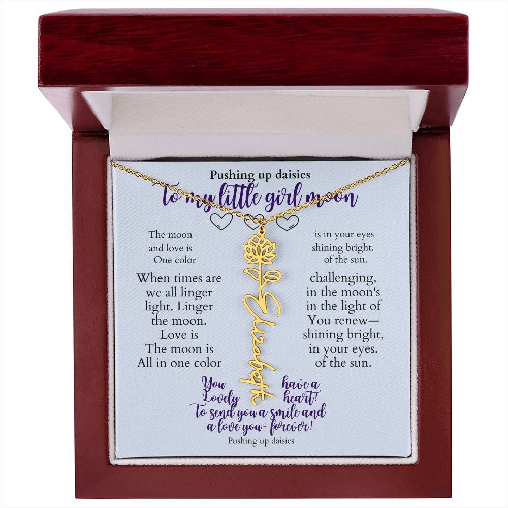 To my daughter with message card and flower name necklace, 18k yellow gold finish, in Mahogany style luxury box (february) - Sheer: your Luck - Sheerluck-art.com