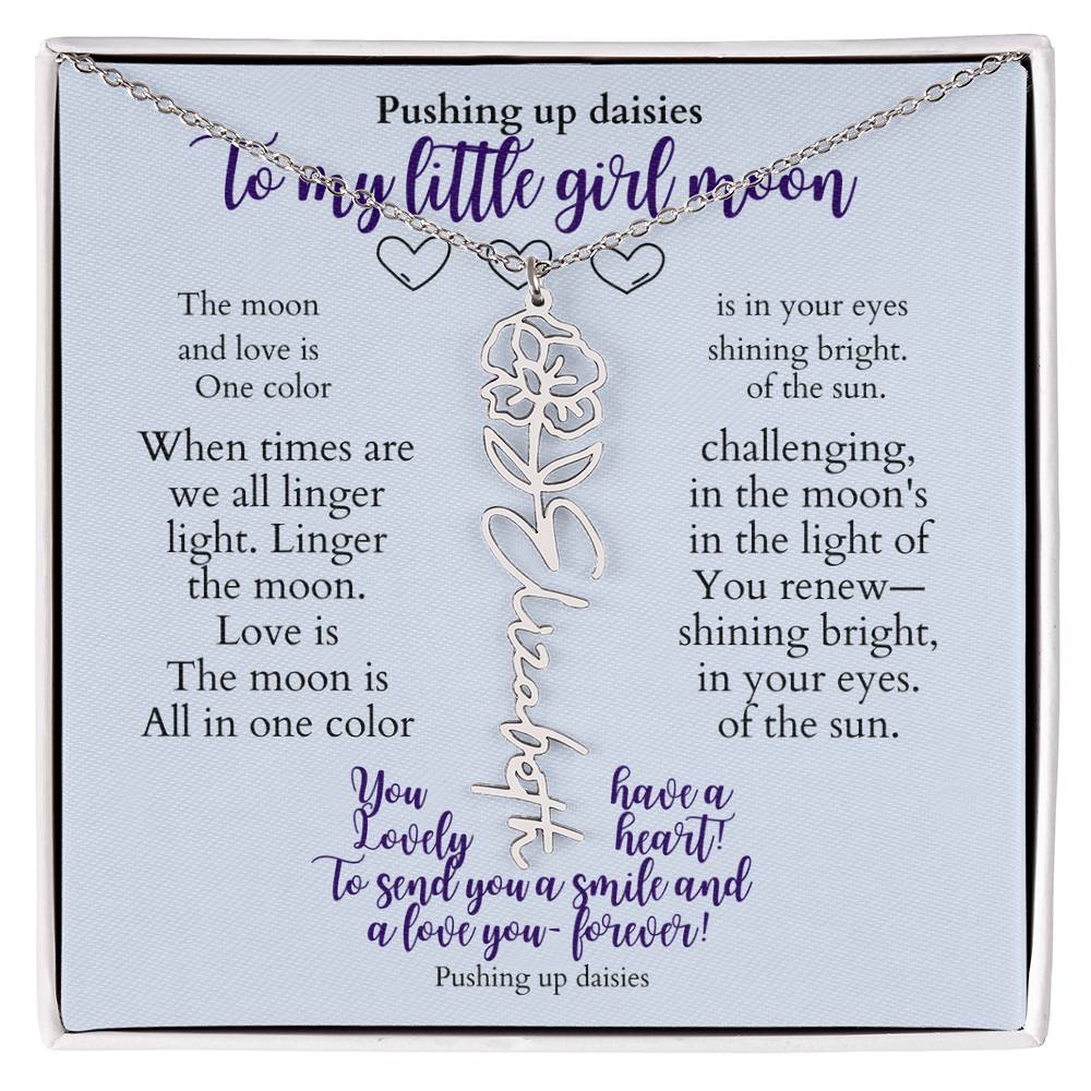 To my daughter with message card and flower name necklace, polished stainless steal (march) - Sheer: your Luck - Sheerluck-art.com