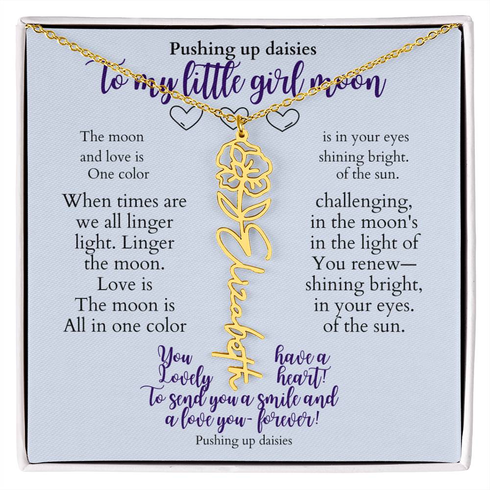 To my daughter with message card and flower name necklace, 18k yellow gold finish (march) - Sheer: your Luck - Sheerluck-art.com