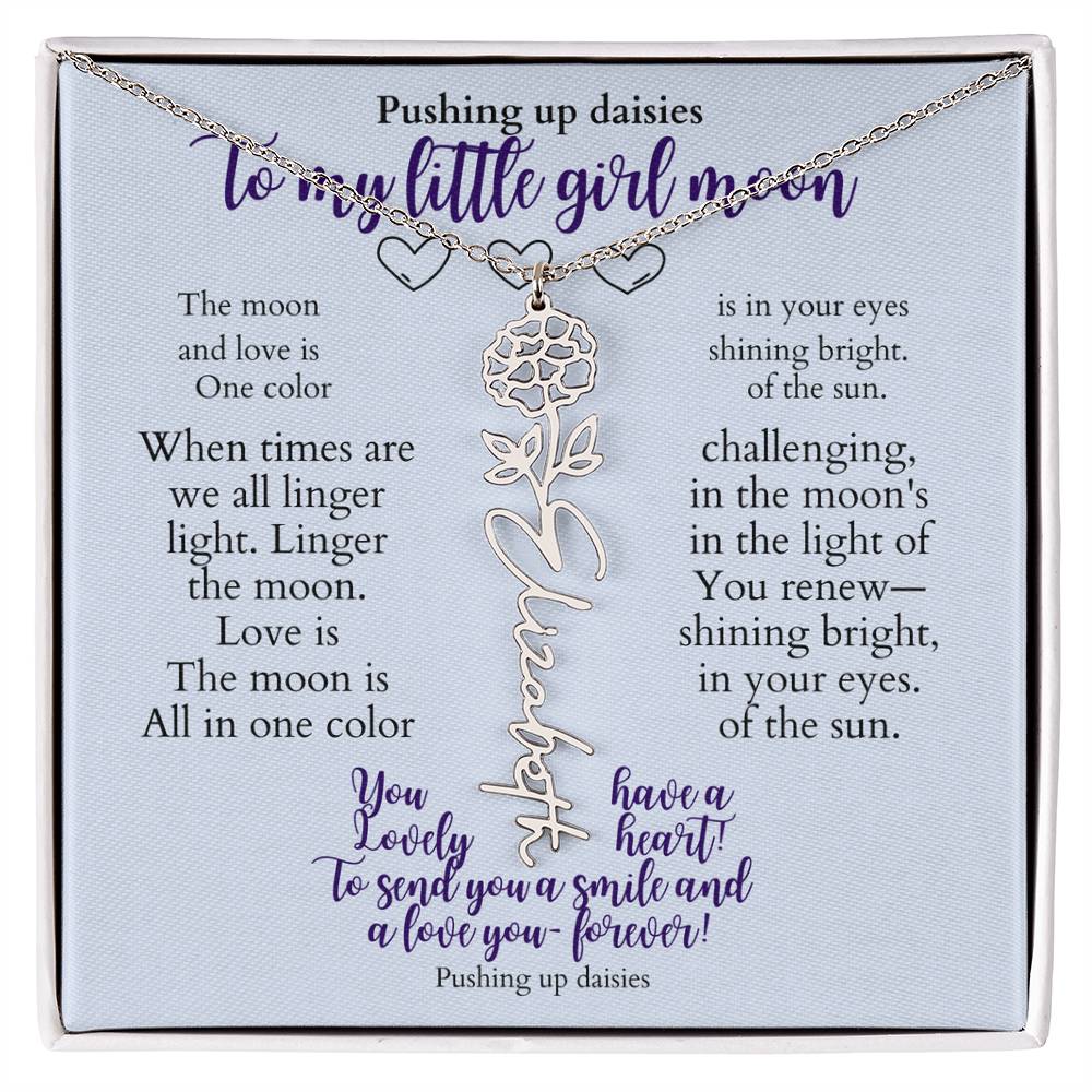 To my daughter with message card and flower name necklace, polished stainless steal (july) - Sheer: your Luck - Sheerluck-art.com
