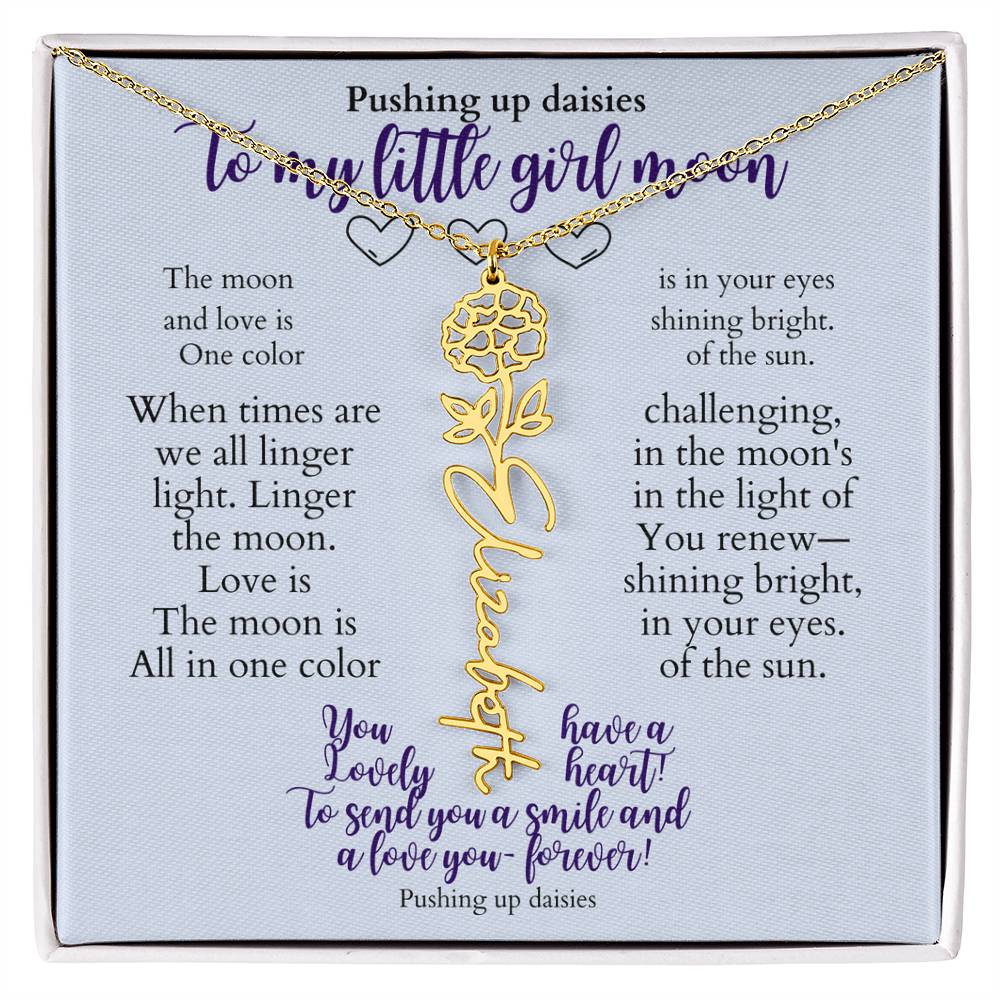 To my daughter with message card and flower name necklace, 18k yellow gold finish (july) - Sheer: your Luck - Sheerluck-art.com