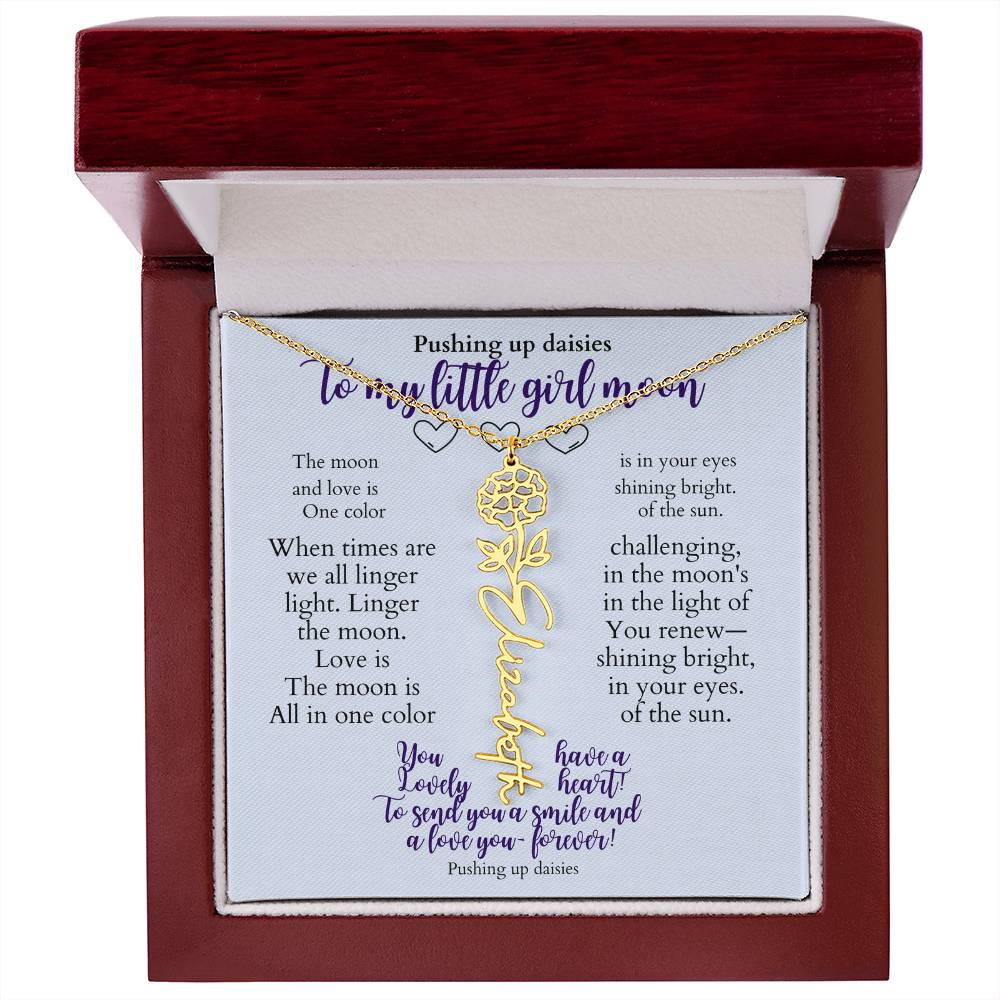 To my daughter with message card and flower name necklace, 18k yellow gold finish, in Mahogany style luxury box (july) - Sheer: your Luck - Sheerluck-art.com