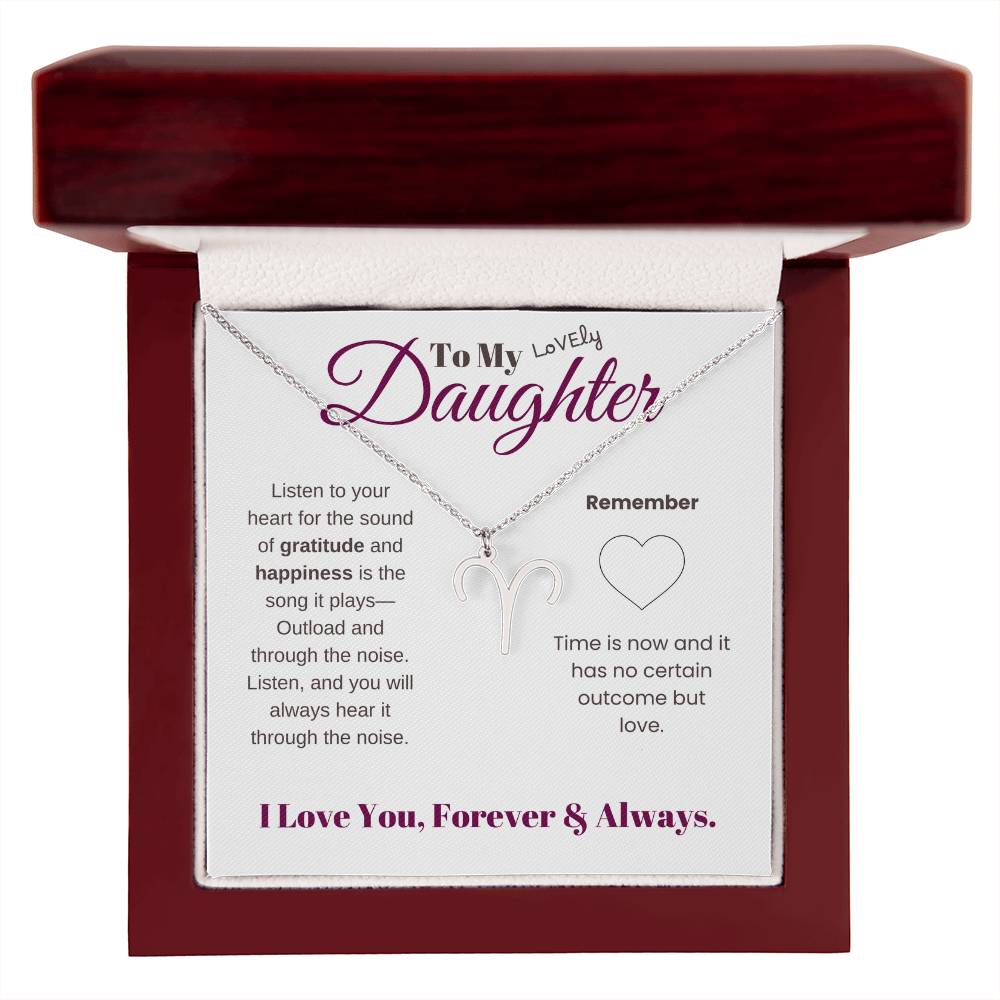 To my daughter with message card and zodiac name necklace, polished stainless steal (aries), in Mahogany style luxury box - Sheer: your Luck - Sheerluck-art.com