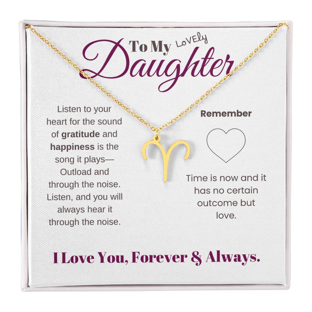 To my daughter with message card and zodiac name necklace, gold finish (aries) - Sheer: your Luck - Sheerluck-art.com