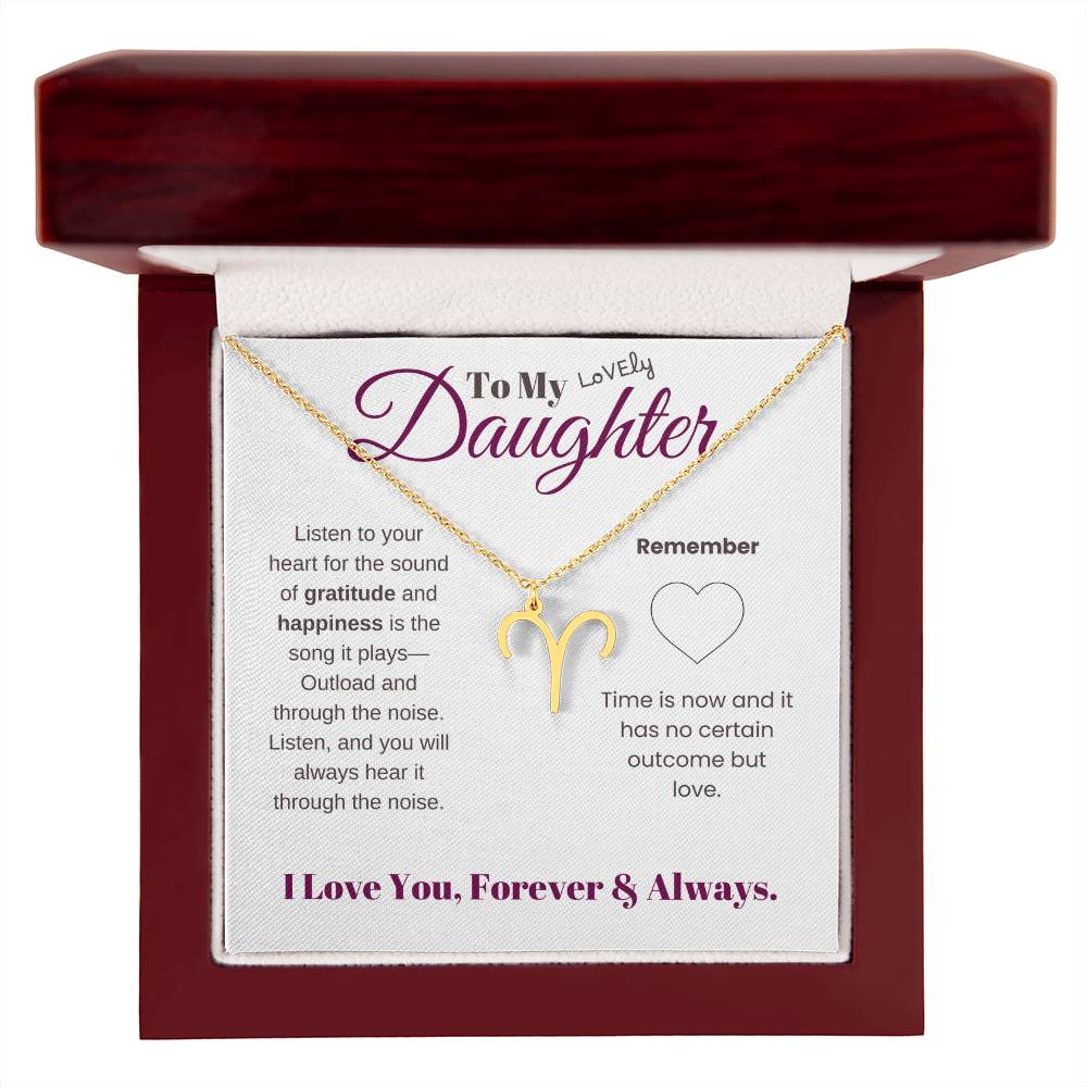To my daughter with message card and zodiac name necklace, gold finish (aries), mahogany style luxury box - Sheer: your Luck - Sheerluck-art.com