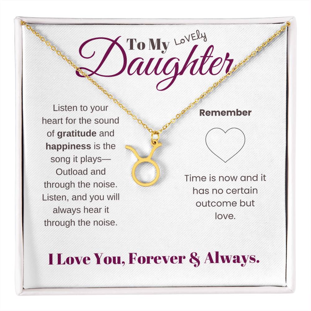 To my daughter with message card and zodiac name necklace, gold finish (taurus) - Sheer: your Luck - Sheerluck-art.com