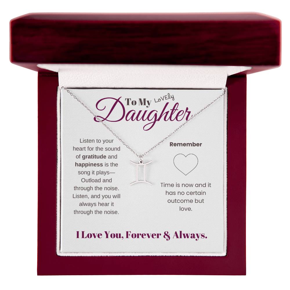 To my daughter with message card and zodiac name necklace, polished stainless steal (gemini), in Mahogany style luxury box - Sheer: your Luck - Sheerluck-art.com