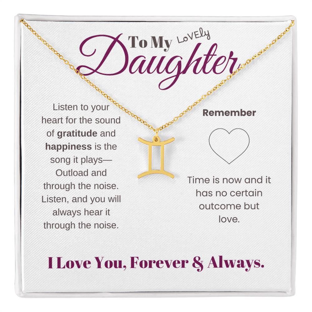 To my daughter with message card and zodiac name necklace, gold finish (gemini) - Sheer: your Luck - Sheerluck-art.com
