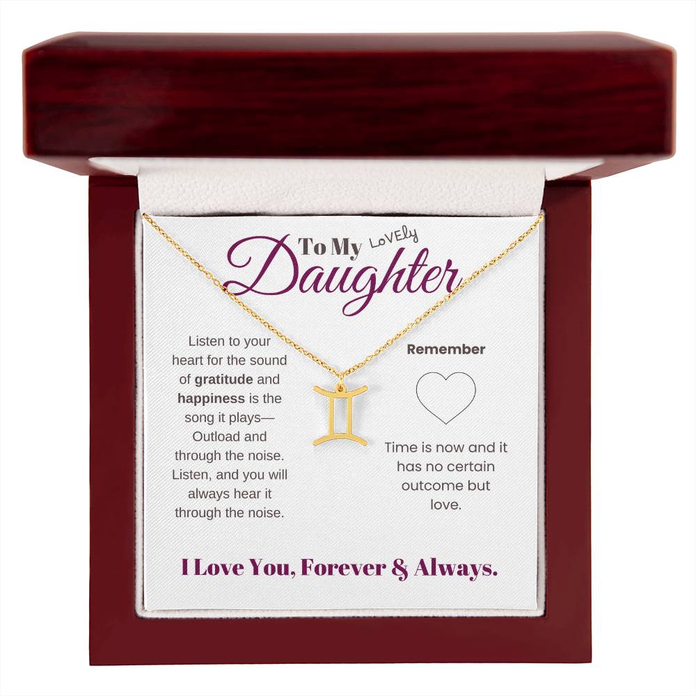 To my daughter with message card and zodiac name necklace, gold finish (gemini), in Mahogany style luxury box - Sheer: your Luck - Sheerluck-art.com
