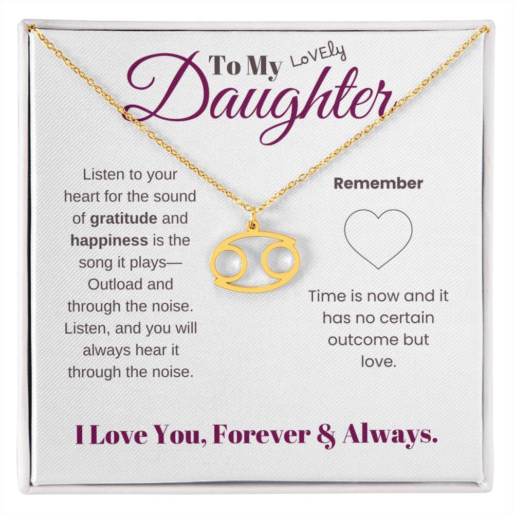 To my daughter with message card and zodiac name necklace, gold finish (cancer) - Sheer: your Luck - Sheerluck-art.com