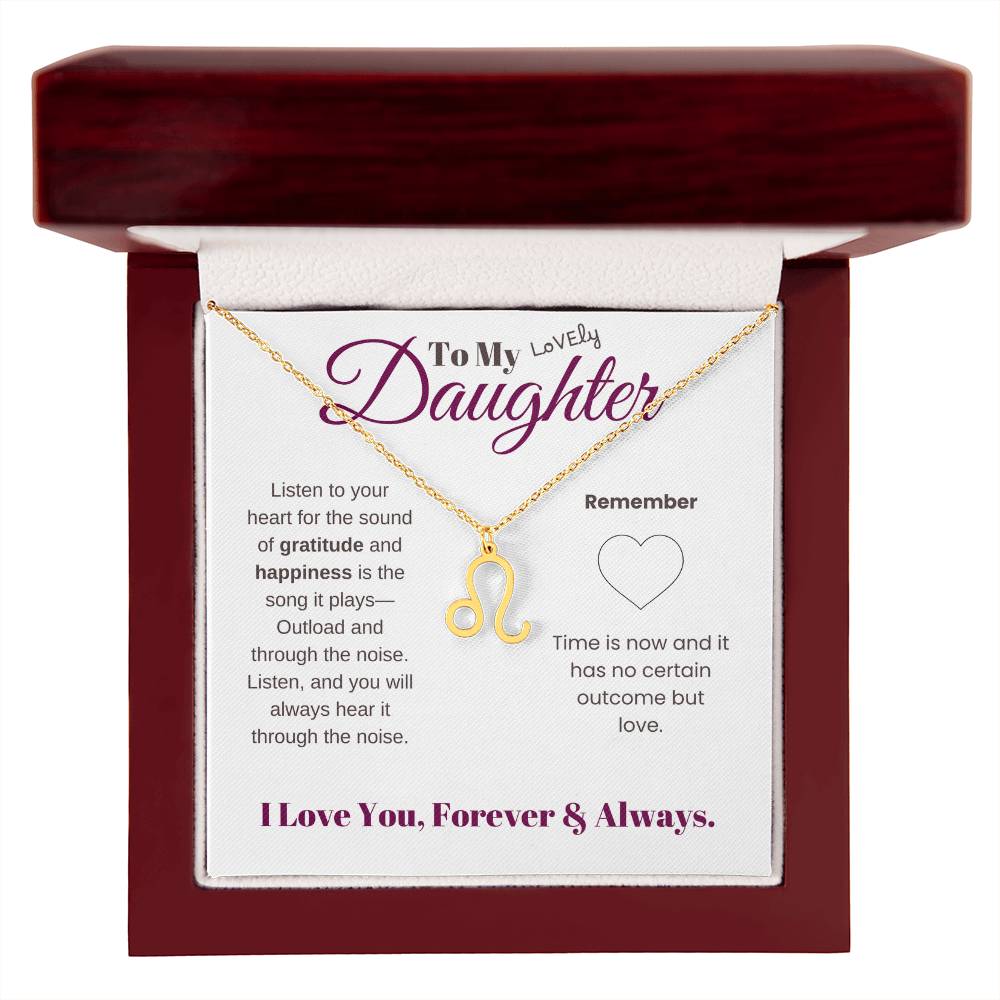 To my daughter with message card and zodiac name necklace, gold finish (leo), in Mahogany style luxury box - Sheer: your Luck - Sheerluck-art.com