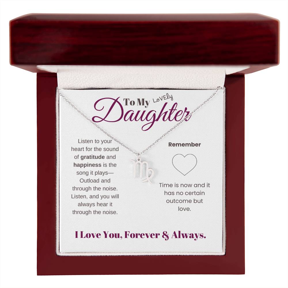 To my daughter with message card and zodiac name necklace, polished stainless steal (virgo), in Mahogany style luxury box - Sheer: your Luck - Sheerluck-art.com