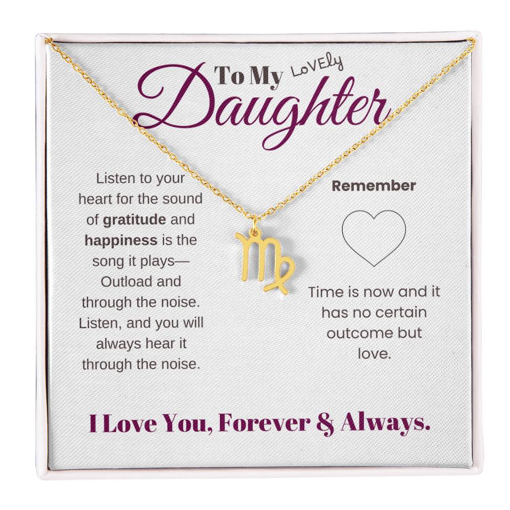 To my daughter with message card and zodiac name necklace, gold finish (virgo) - Sheer: your Luck - Sheerluck-art.com