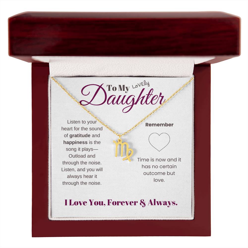 To my daughter with message card and zodiac name necklace, gold finish (virgo), in Mahogany style luxury box - Sheer: your Luck - Sheerluck-art.com