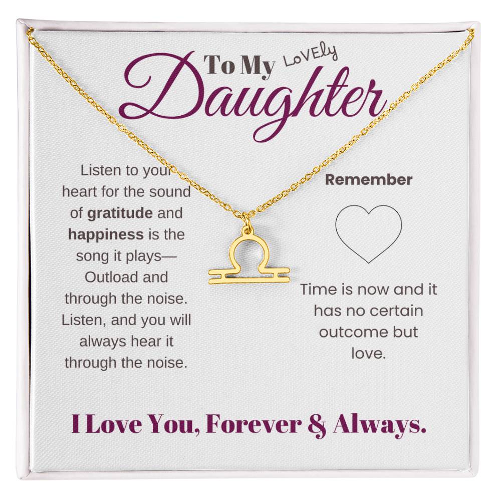 To my daughter with message card and zodiac name necklace, gold finish (libra) - Sheer: your Luck - Sheerluck-art.com