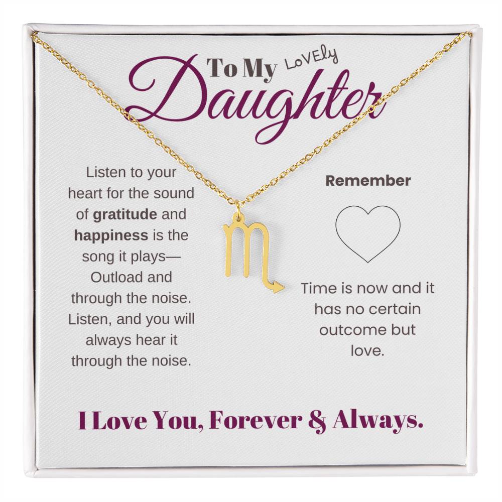 To my daughter with message card and zodiac name necklace, gold finish (scorpio) - Sheer: your Luck - Sheerluck-art.com