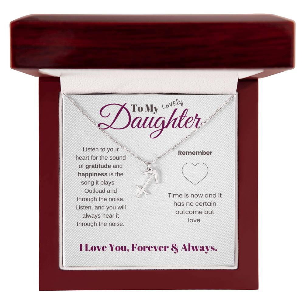 To my daughter with message card and zodiac name necklace, polished stainless steal (sagittarius), in Mahogany style luxury box - Sheer: your Luck - Sheerluck-art.com