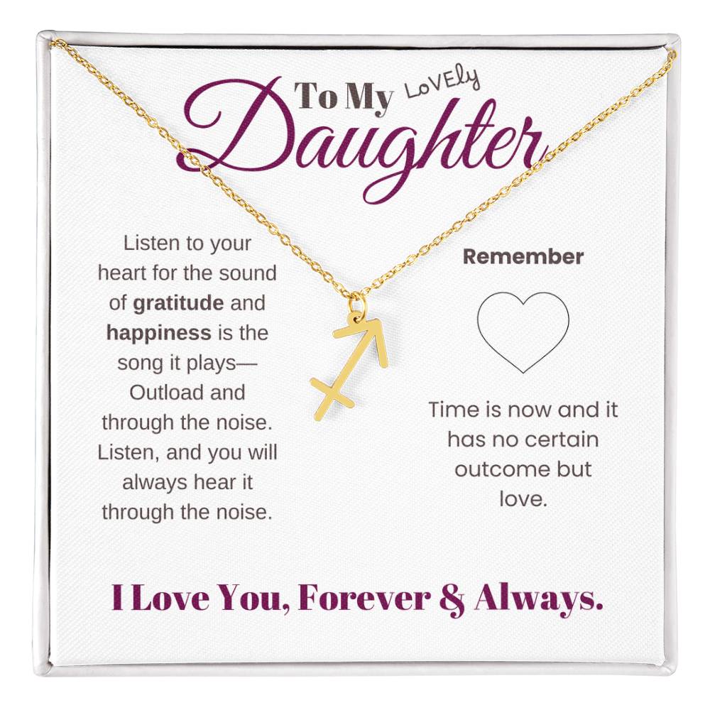 To my daughter with message card and zodiac name necklace, gold finish (sagittarius) - Sheer: your Luck - Sheerluck-art.com