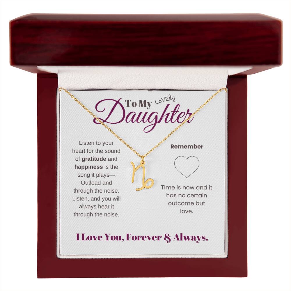 To my daughter with message card and zodiac name necklace, gold finish (capricorn), in Mahogany style luxury box - Sheer: your Luck - Sheerluck-art.com