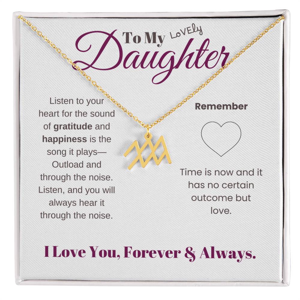 To my daughter with message card and zodiac name necklace, gold finish (aquarius) - Sheer: your Luck - Sheerluck-art.com