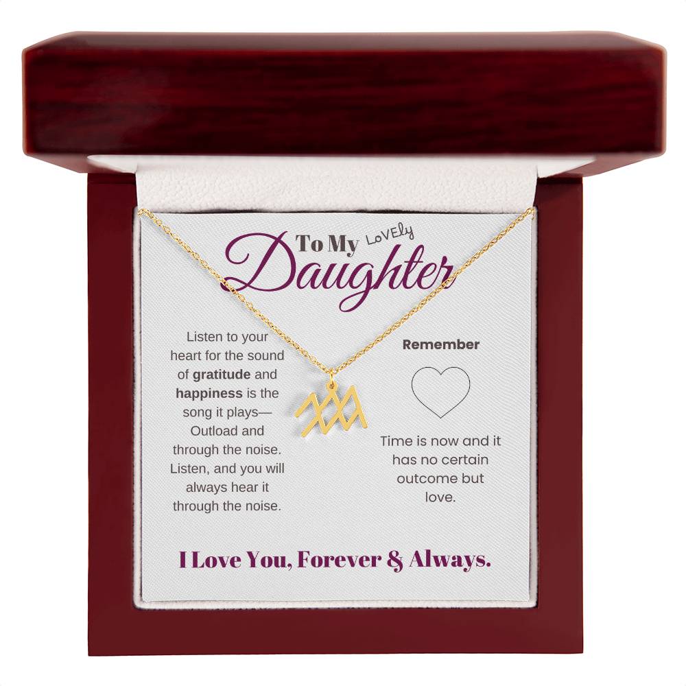To my daughter with message card and zodiac name necklace, gold finish (aquarius), in Mahogany style luxury box - Sheer: your Luck - Sheerluck-art.com