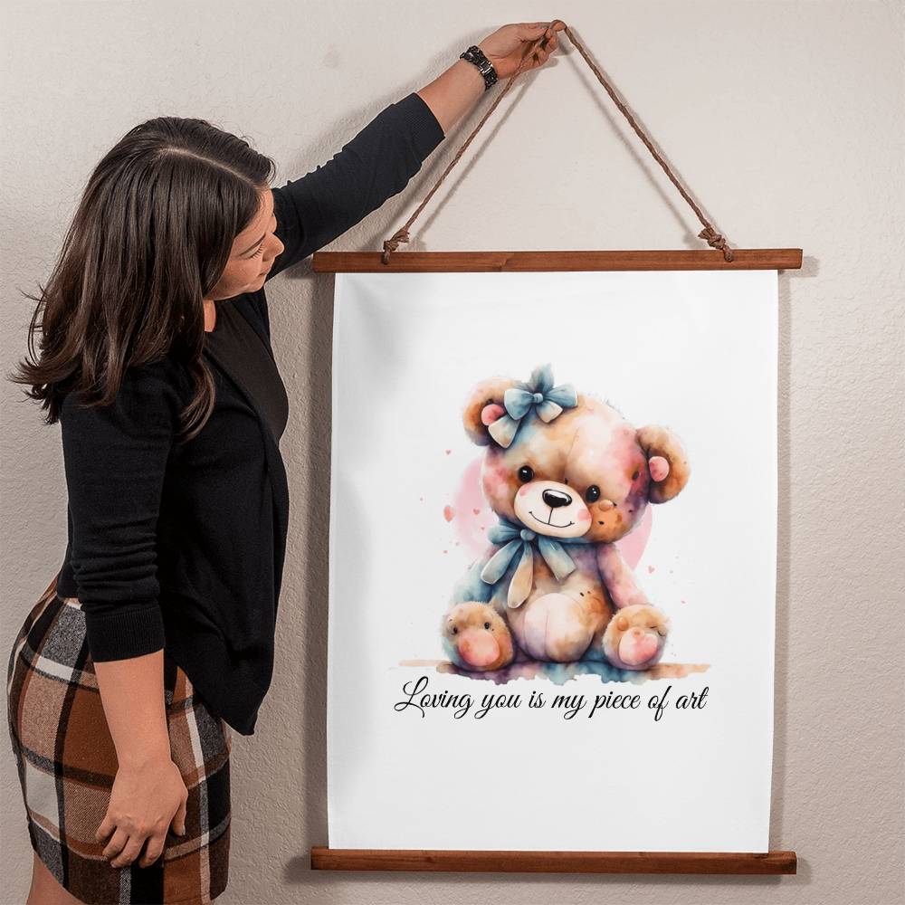 Teddy Bear with Wood Framed Wall Tapestry, woman holding it - Sheer: your Luck - Sheerluck-art.com