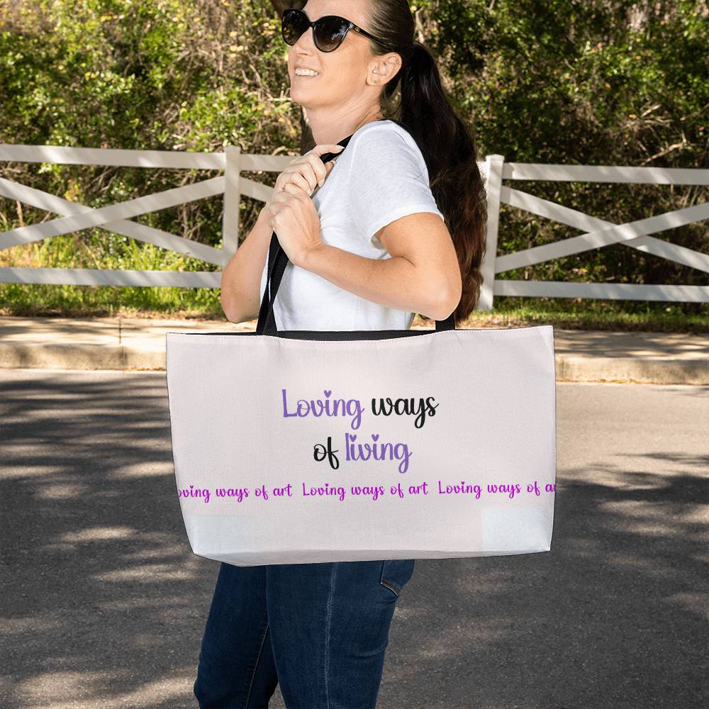 Loving ways of living tote bag, with woman outside - Sheer: your Luck - Sheerluck-art.com