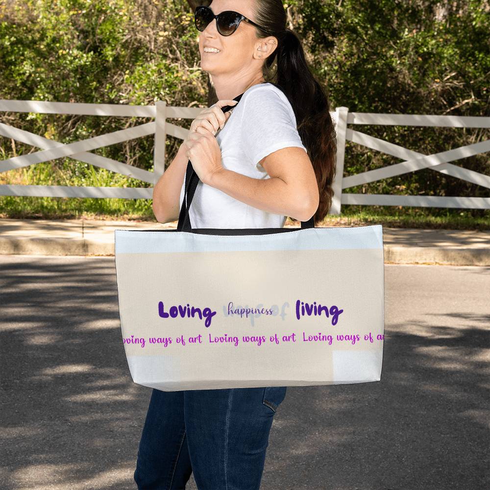Weekender tote bag, happiness, with woman outside - Sheer: your Luck - Sheerluck-art.com