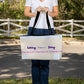 Weekender tote bag, happiness, woman holding it up front - Sheer: your Luck - Sheerluck-art.com