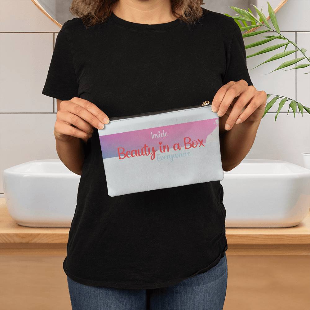 Small zippered pouch for makeup or other small stuff, woman holding it up front - Sheer: your Luck - Sheerluck-art.com