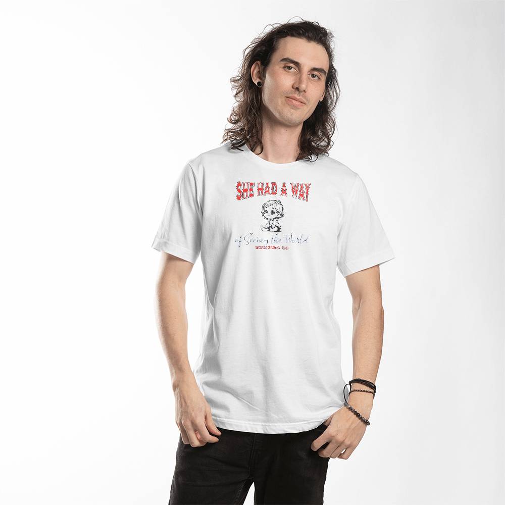 Seeing the world- her White T-shirt, on a human - Sheer: your Luck - Sheerluck-art.com