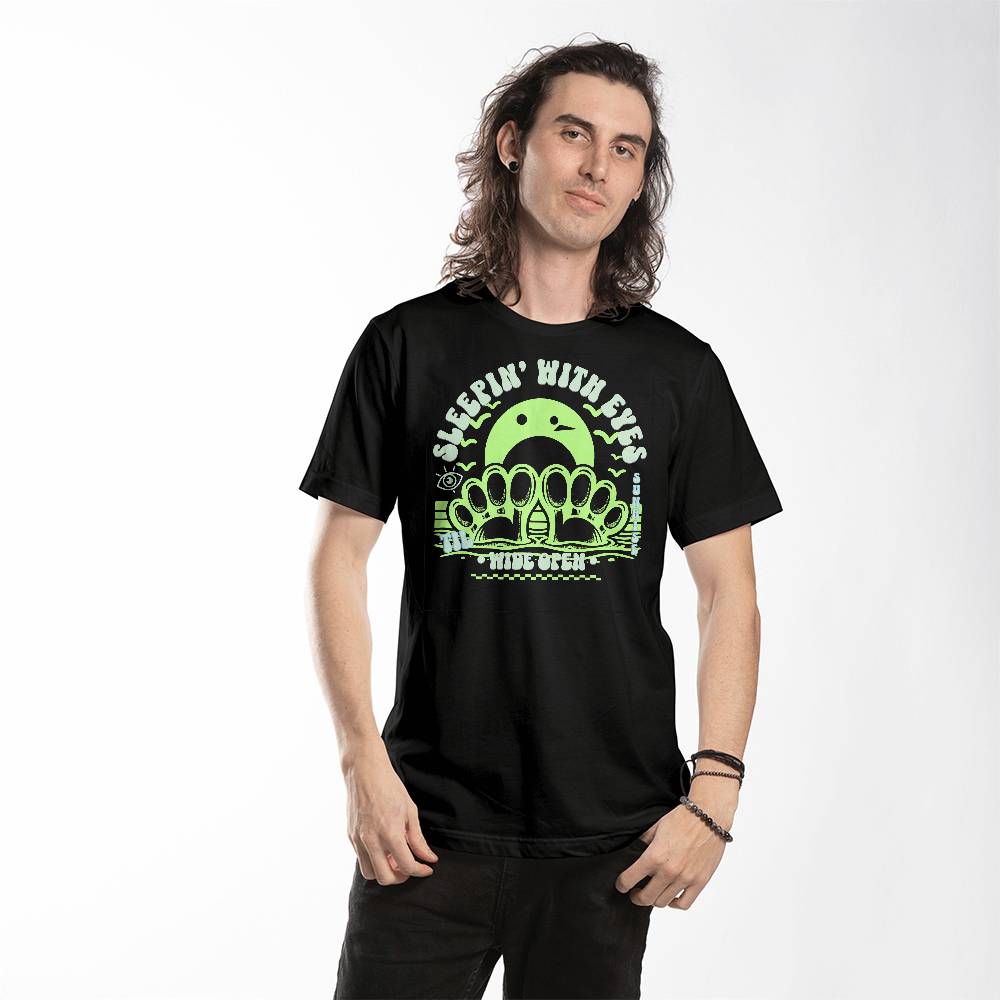 Eyes wide open 1 Black T-shirt, on a human - Sheer: your Luck - Sheerluck-art.com