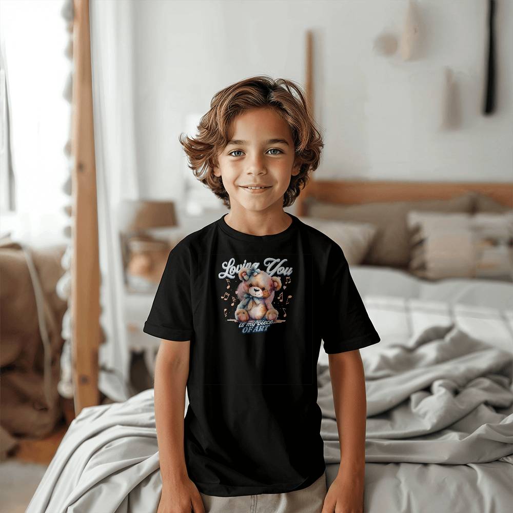 Loving You, Teddy Bear Black Youth T-shirt, on a boy - Sheer: your Luck - Sheerluck-art.com