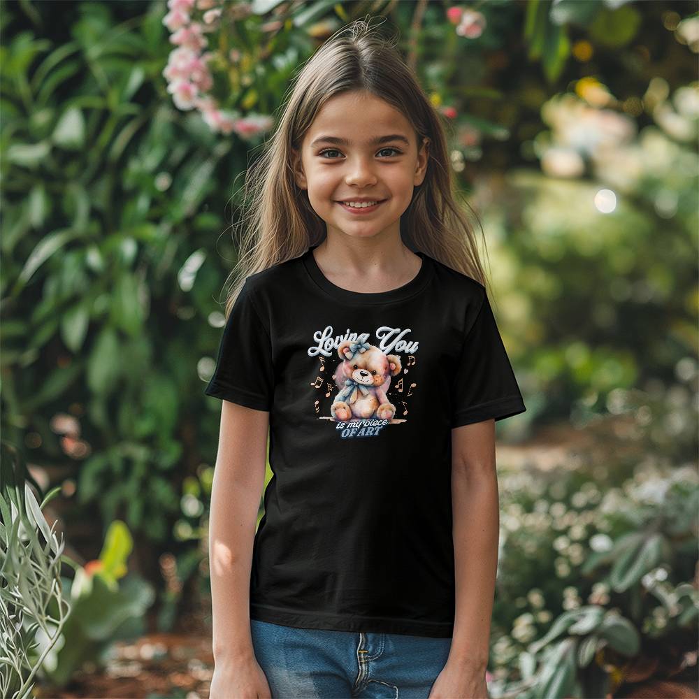 Loving You, Teddy Bear Black Youth T-shirt, on a girl, organic background - Sheer: your Luck - Sheerluck-art.com