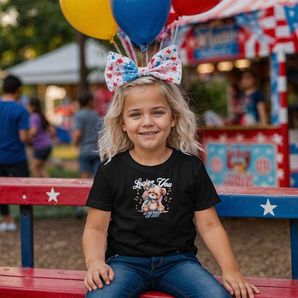 Loving You, Teddy Bear Black Youth T-shirt, on a girl - Sheer: your Luck - Sheerluck-art.com
