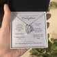 To my daughter with message card and forever love necklace, 14k white gold finish, hand holding it in standard box - Sheer: your Luck - Sheerluck-art.com