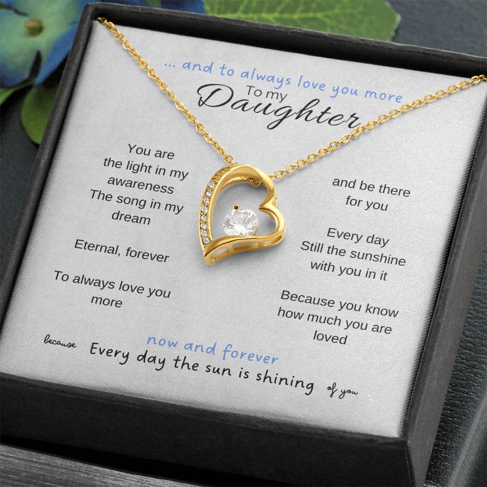 To my daughter with message card and forever love necklace, 18k yellow gold finish, leaves background - Sheer: your Luck - Sheerluck-art.com